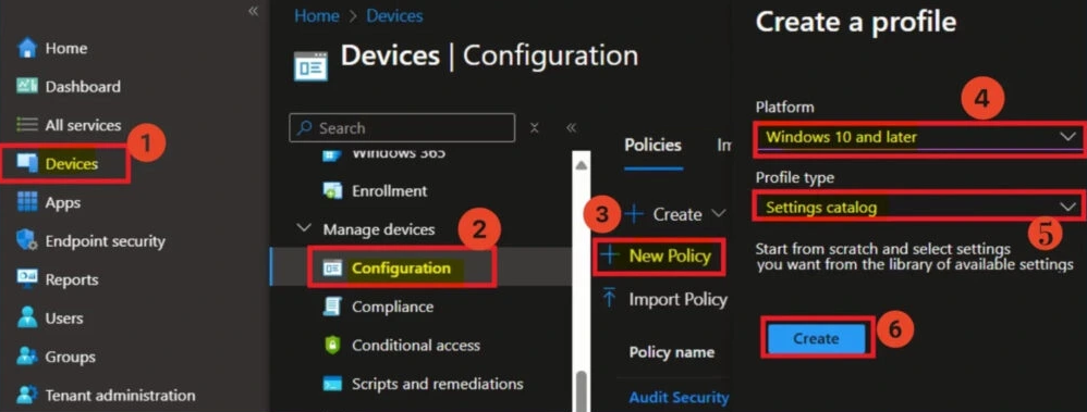 Creating a new configuration profile in Intune